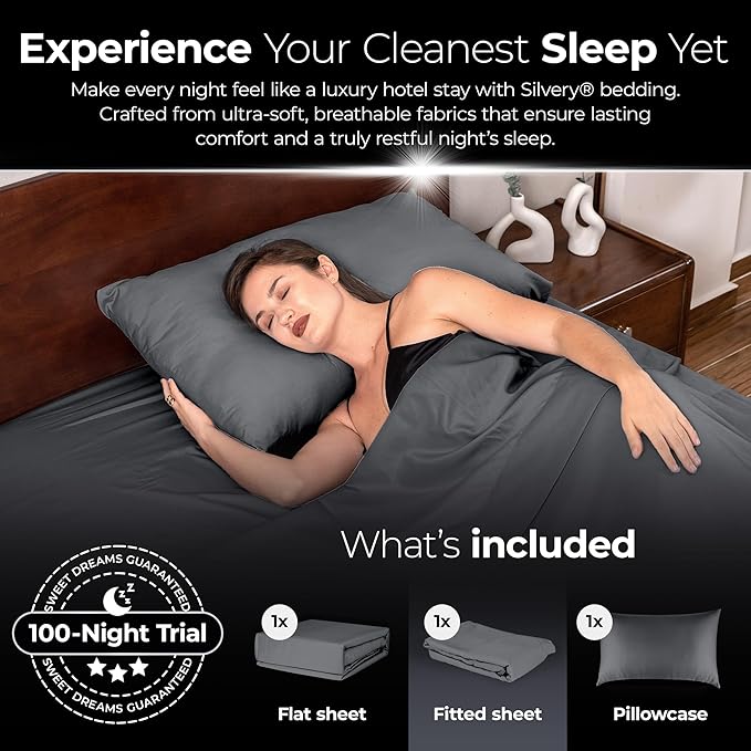 Silvery Silver Infused Bed Sheets Set - Ultra-Soft Temperature-Regulating Fabric with Self-Cleaning Technology™ That Stays Fresh 3X Longer for Hygienic Sleep