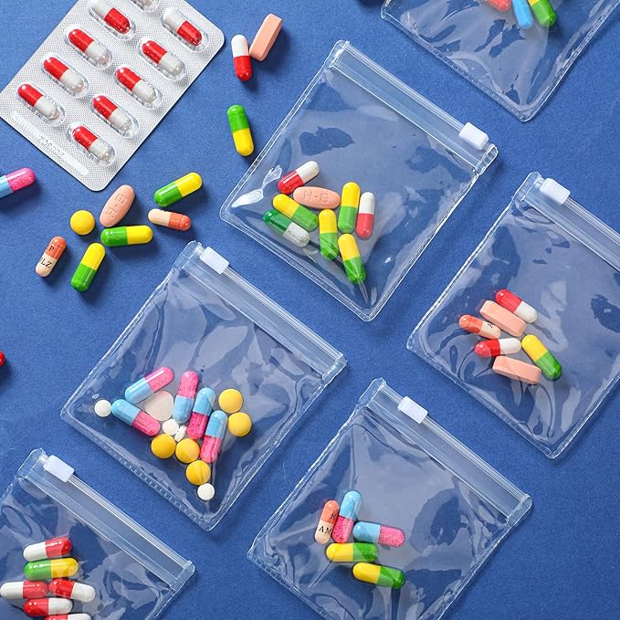 Zonon 24 Pieces Pill Pouch Bags Zippered Reusable Pill Baggies Clear Plastic Bags Self Sealing Travel Medicine Organizer Storage with Slide Lock for Cod Liver Oil, and Small Items