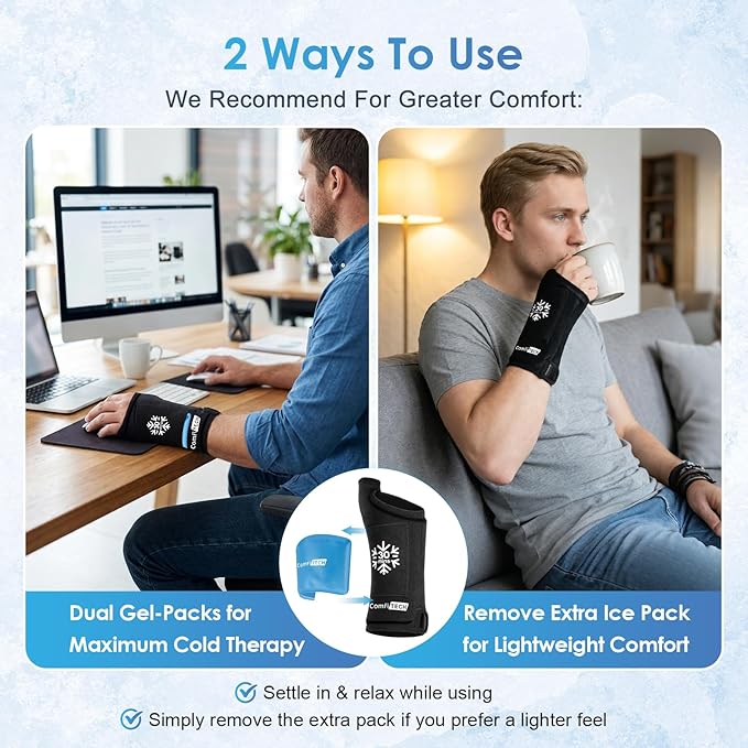 ComfiTECH Dual-Gel Wrist & Thumb Ice Pack Wrap with Extended 30-Min Cooling & Wider Coverage for Forearm, Detachable Cold Pack & Carpal Tunnel Hand Ice Sleeve for Better Putting On & Off, 2 Packs, M