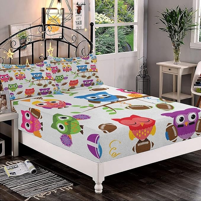 Decorative Fitted Sheet Set Twin Size, Owls Deep Pockets Fitted Sheet & 2 Pillow Sham Set, Sporty Owls Football Themed Animals Cartoon Printed Microfiber Bedding 3pc Set, for Mattress (Deep: 5"-15")