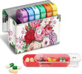 FINPAC Weekly Pill Organizers 4 Times A Day, Slide Open PU Leather Case Travel Pill Vitamin Medicine Reminder and Planner with Name Card for Morning| Afternoon| Evening| Bedtime (Flower Festival)