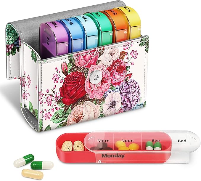 FINPAC Weekly Pill Organizers 4 Times A Day, Slide Open PU Leather Case Travel Pill Vitamin Medicine Reminder and Planner with Name Card for Morning| Afternoon| Evening| Bedtime (Flower Festival)
