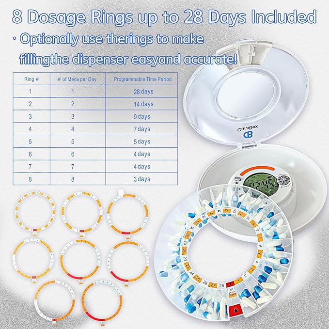 Automatic Pill Dispenser for Elderly with Alarm - WiFi App Monitoring - 28 Day Medication Organizer for Care Monitoring with Lock Key, Light/Sound Alarms for Prescriptions & Vitamins