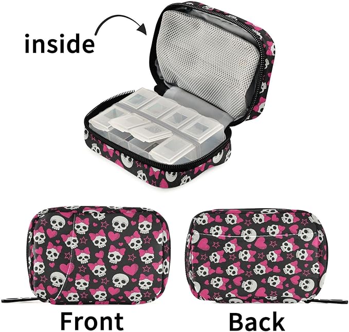 Travel Pill Organizer Bag Weekly Pill Organizer Case Pink Hearts and Skulls Portable Small Daily Pill Boxes for Vitamin Fish Oils Supplement Holder with Zipper Compact Size