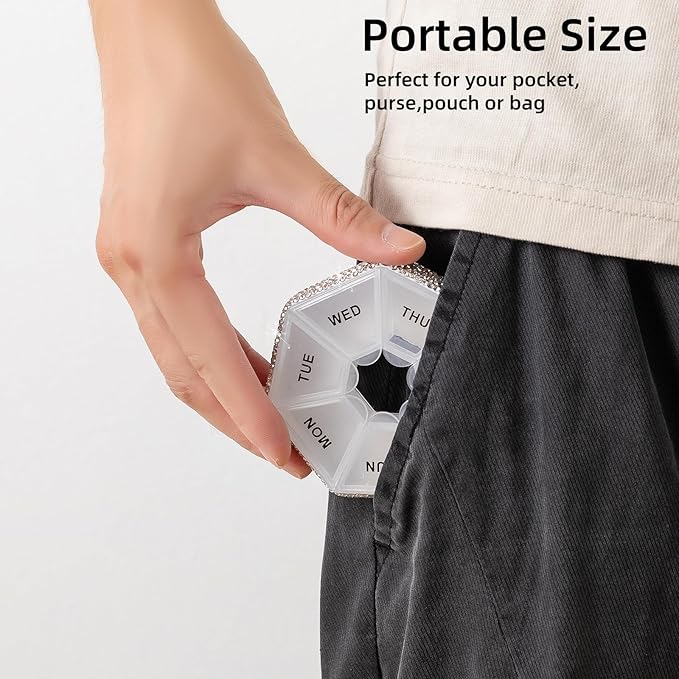 Round Pill Organizer Small Weekly Pill Case for Purse Bling Cute Medicine Pill Box Compact Vitamin Container 7 Day Daily Pill Holder Planner(Blue)