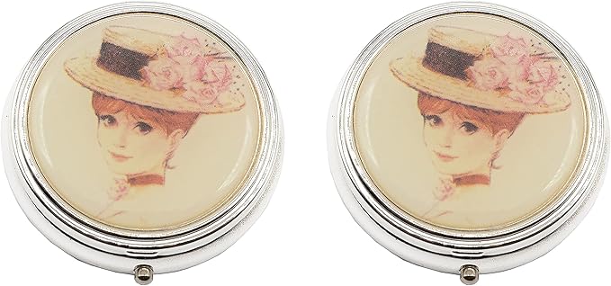 Set of 2 Circular Triple-Compartment Pocket Purse Pill Box & Organizer with Insert (Victorian Floral Hat)