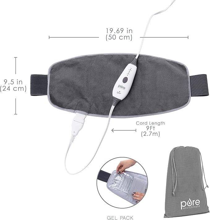 Pure Enrichment PureRelief Lumbar & Abdominal Heating Pad - 4 Heat Settings, Adjustable Belt, Hot/Cold Gel Pack, and Storage Bag - Ideal for Back Pain and Abdominal Cramps