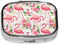 Pill Box-2 Compartment Small Pill Case Square Organizer Case with Mirror Portable Metal Medicine Box Travel Container for Pocket & Purse Women Men（Pink Flamingo Floral）