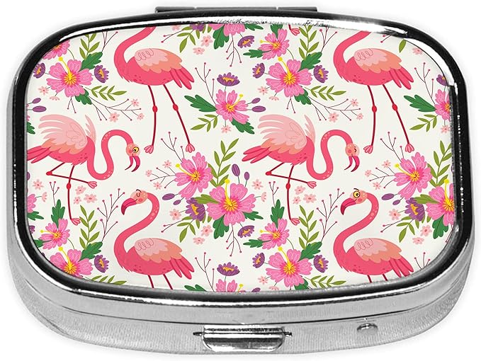 Pill Box-2 Compartment Small Pill Case Square Organizer Case with Mirror Portable Metal Medicine Box Travel Container for Pocket & Purse Women Men（Pink Flamingo Floral）