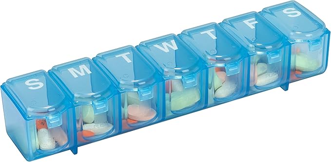 EZY DOSE Weekly (7-Day) Pill Case, Medicine Planner, Vitamin Organizer Box, Large Push N' Pop Open Compartments, Convenient and Easy to Use, Color May Vary, BPA Free