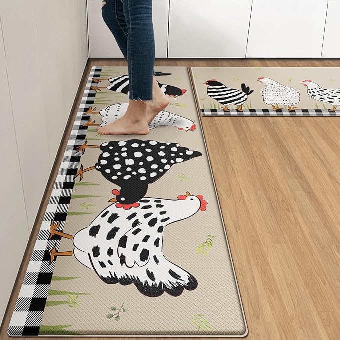 Anti-Fatigue Rooster Kitchen Rug Set of 2 Cushioned Chicken Rugs for Kitchen Floor, Country Farmhouse Standing Mat Waterproof Non-Slip Kitchen Mats and Rugs PVC Ergonomic Comfort Foam Kitchen Decor