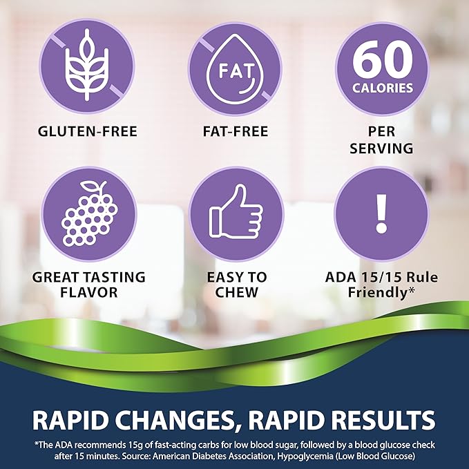 TRUEplus Glucose Tablets, Chewable, Grape Flavor, 15g Fast-Acting Carbohydrates, Fat Free, Gluten Free, Raise Low Blood Sugar and Boost Energy, 50 Count, 3 Bottles