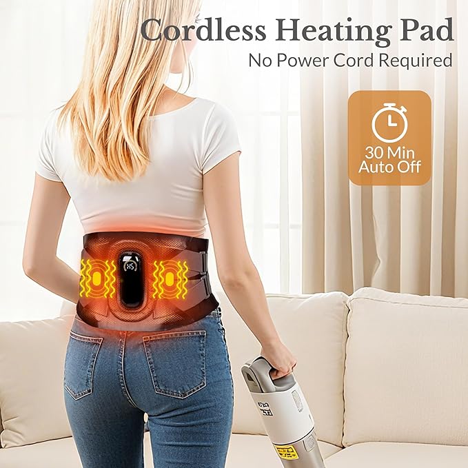 Portable Heating Pad with Massager for Back Pain Relief, Cordless Smart Voice Lower Back Massager, Heated Back Brace, Birthday Gift for Dad Mom Women Men, 2500mAh Battery, 5 Heat Auto-Off 55"