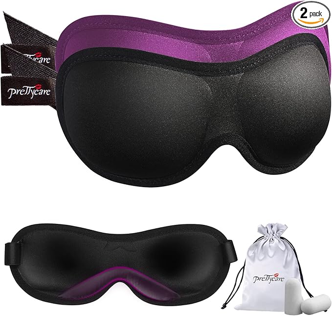 PrettyCare Eye Mask for Sleeping 2 Pack, Sleep Masks for Women Men, 3D Contoured Cup Blindfold Eye Mask, Soft Block Out Light Sleep Mask, for Sleeping, Shift Work, Yoga, Traveling (Black and Purple)