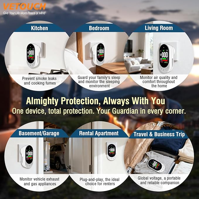 4-in-1 Plug-in Smoke & Carbon Monoxide Alarms with Digital Display Monitors CO, Smoke, Temperature, Humidity, 85dB Loud Alarm, Self-Test, Adjustable Sensitivity, for Home, Kitchen, RV, 2pack