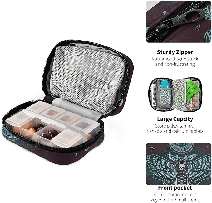 Travel Pill Organizer Bag Weekly Pill Organizer Case Gothic Skull Butterfly Portable Small Daily Pill Boxes for Vitamin Fish Oils Supplement Holder with Zipper Compact Size