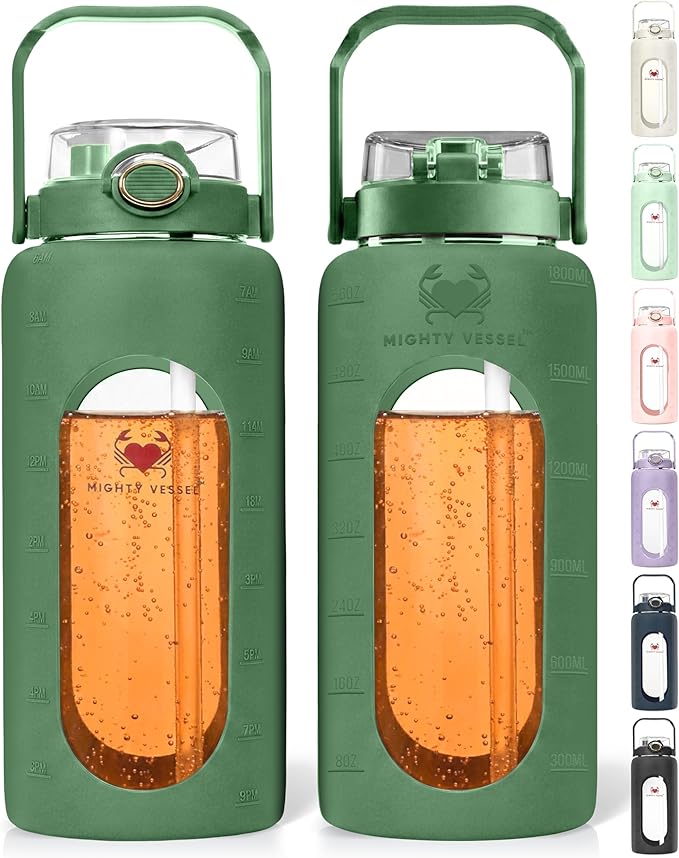 64 Oz Water Bottle with Time Marker & Straw - Green Pregnancy 2 Liter Glass Water Bottles with Measurements - Daily intake bottle - Leakproof Borosilicate jug