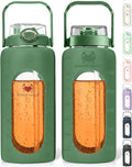 64 Oz Water Bottle with Time Marker & Straw - Green Pregnancy 2 Liter Glass Water Bottles with Measurements - Daily intake bottle - Leakproof Borosilicate jug