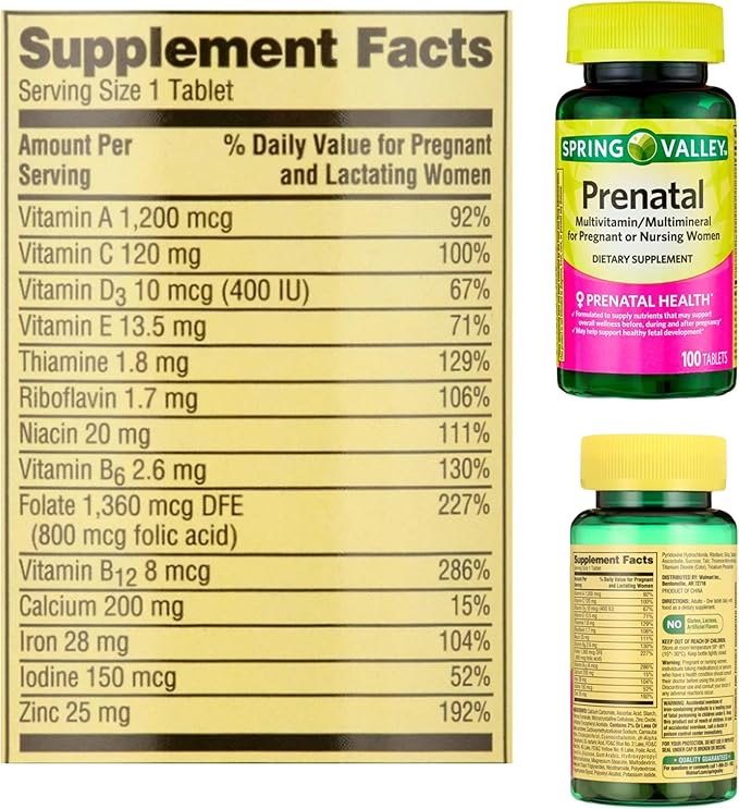 Spring Valley Multimineral Prenatal Multivitamin Tablets Dietary Supplement 100 Count Pack of 2 Includes Pill Organizer