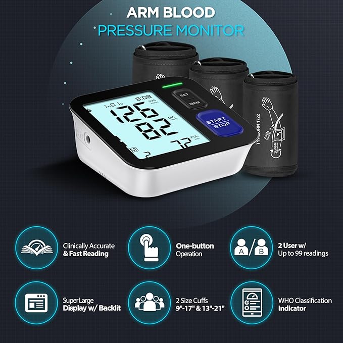 Blood Pressure Machine Upper Arm, 3 Size Cuffs, Small 7"-9", Medium/Large 9"-17" and Extra Large X-Large Cuff 13"-21", Accurate Automatic Digital BP Monitor Home Use, 4 AAA Alkaline Batteries Included