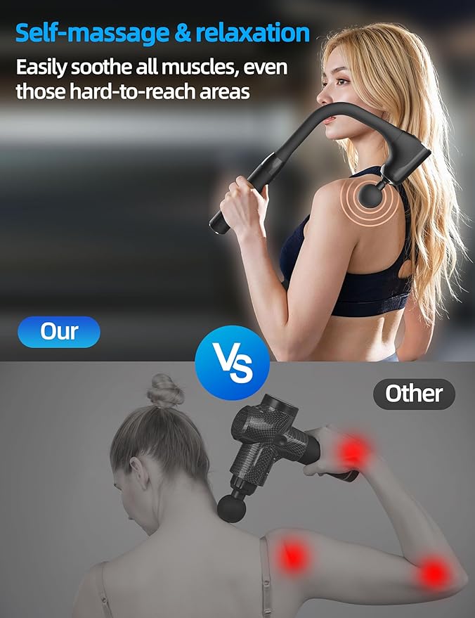 Massage Gun, Back Massager for Pain Relief Deep Tissue, Percussion Massage Gun with Extended Handle, 10MM Deep Percussion, Infinitely Adjustable Speed, 4 Replaceable Heads, Type-C Rechargeable