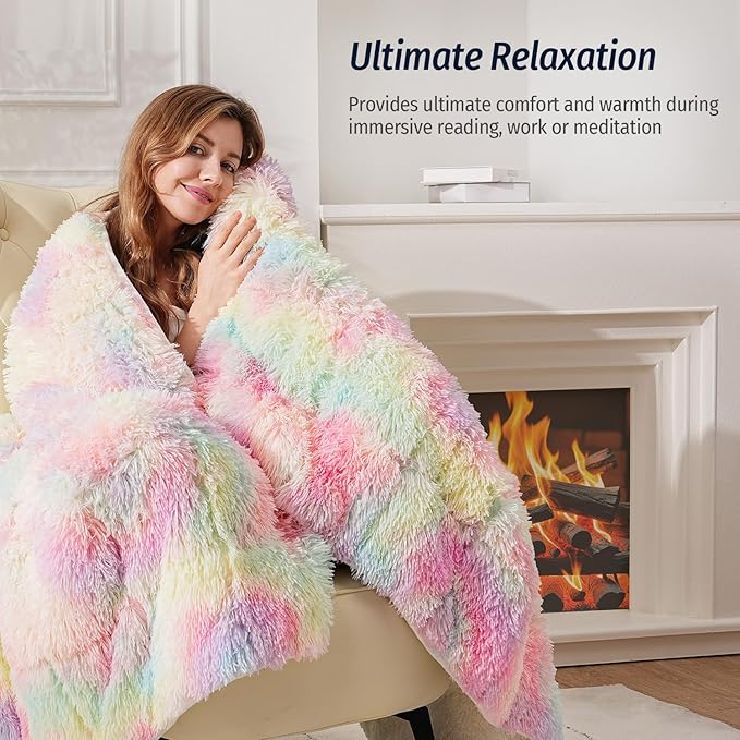 Wemore Shaggy Long Fur Faux Fur Weighted Blanket,Cozy and Fluffy Plush Sherpa Long Hair Blanket for Adult 15lbs,Fluffy Fuzzy Sherpa Reverse Heavy Blanket for Bed,Couch, Rinbow 60 x 80 Inches