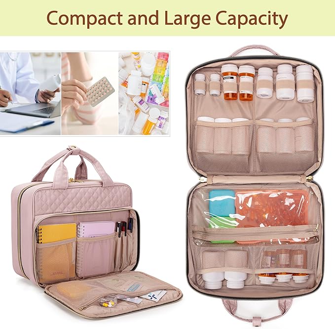 Damero Pill Bottle Organizer Bag, Travel Medicine Bag Organizer, Medicine Organizer and Storage for Pills, Vitamin, Fish Oil, Medical Supplements for Women and Men, Misty Rose