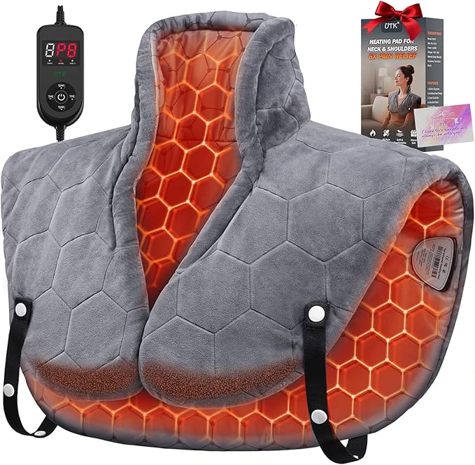 Weighted Heating Pad for Neck and Shoulders and Back, 30s Fast Heating Pads for Pain Relief,160℉ Ergonomic Heated Wrap with 8 Temp & 16 Auto-Off Timers, Gifts for Women Men (Dark Grey)