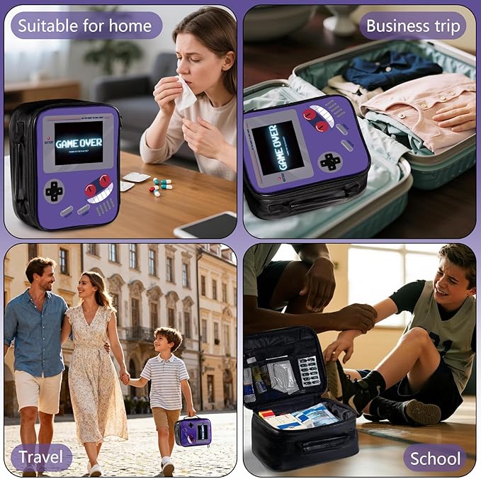 Medicine Bag, PU Leather Pill Bottle Organizer Storage, First Aid Bag Medication Travel Bag for Pills, Vitamins, Medical Supplies for Home, Traveling Hiking Camping (Purple)