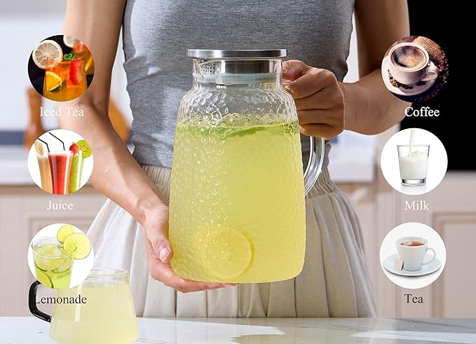 Purefold 105 oz Glass Water Pitcher with Lid, Heat Resistant Borosilicate Jug for Iced Tea, Juice, Milk, Cold or Hot Beverages, Large Caliber Pitchers Easy Clean