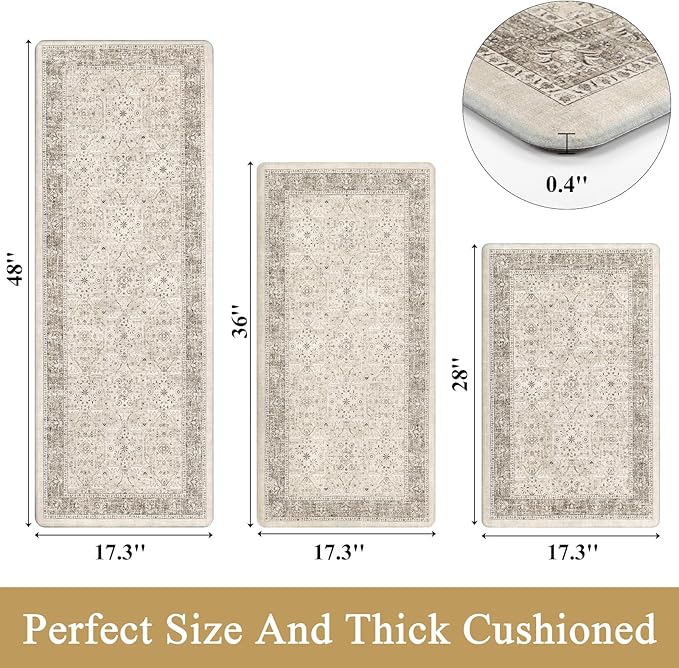 Pauwer Anti Fatigue Kitchen Floor Mats Set of 3, PVC Foam Padded Kitchen Rugs, Non Slip Cushioned Comfort Standing Mat, Waterproof Sink Rug for Small Kitchen Area, Laundry Room, Khaki