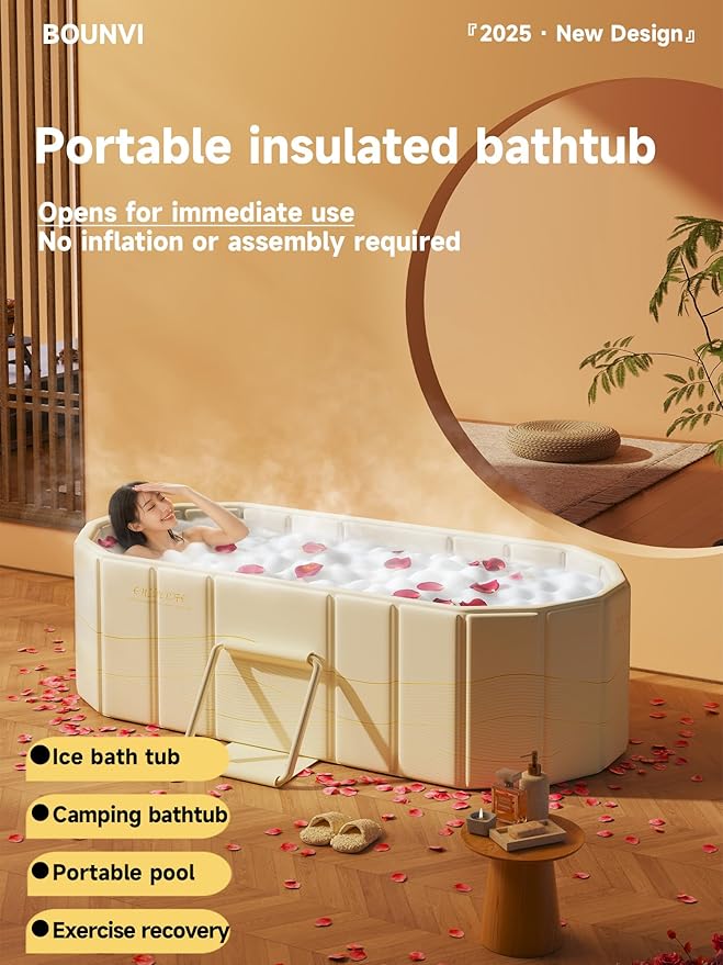 47''Portable insulated bathtub, Ice Bath Tub for Athletes, Inflation-free bathtub for shower, Ice Plunge Tub with Cover, Baths at Home & Outdoor