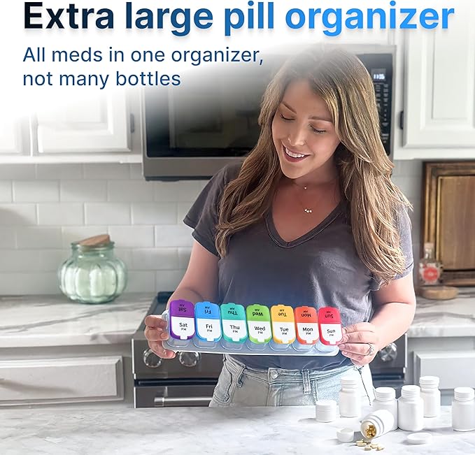 Extra Large Weekly Pill Organizer Set - 2 XL Vitamin Holders with 7 Detachable AM PM Compartments - Reliable Medicine Dispenser for Home and Travel, Portable Supplement Container, Rainbow & Blue/White