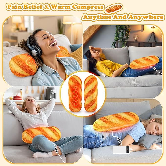 Baguette Bread Heating Pad-USB Heated Plush Stuffed Pillow for Period Cramps and Menstrual Pain Relief,20” Portable Electric Bread Plush Heat Pad,Plushies Gifts for Girls Birthday