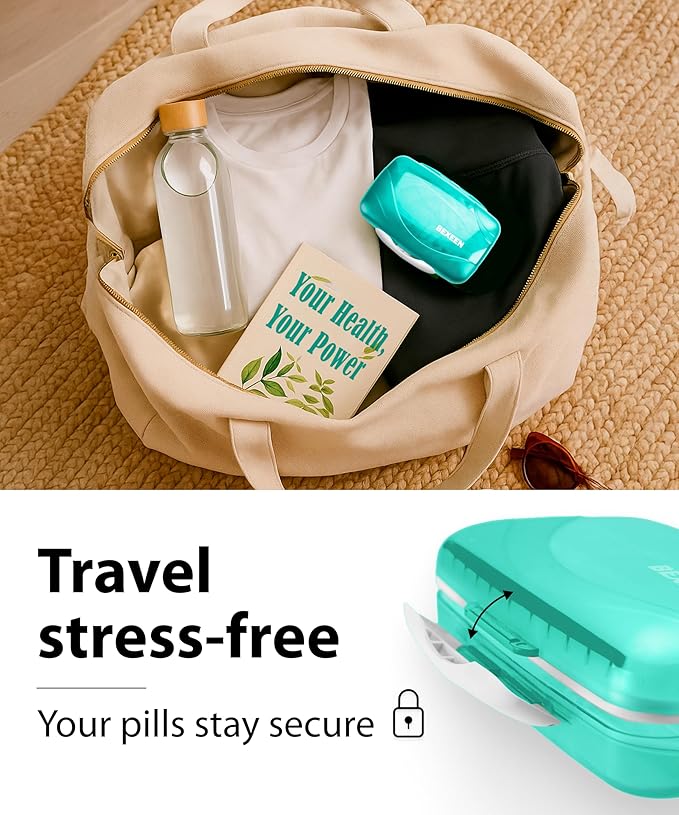 Travel Pill Organizer - Airtight Medicine Case for Traveling Portable Pharmacy Box with Labels Vitamin Container 8 Compartment Supplement Medication Holder Large Capacity Daily (Green)