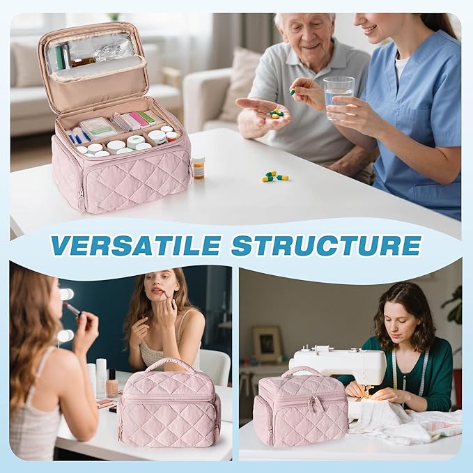 Medicine Organizer Bag with Insulated Pocket for Travel, Pill Bottle Storage Case with 4 Customized Dividers for Medication, Insulin and First Aid Supplies, Pink (Bag ONLY)