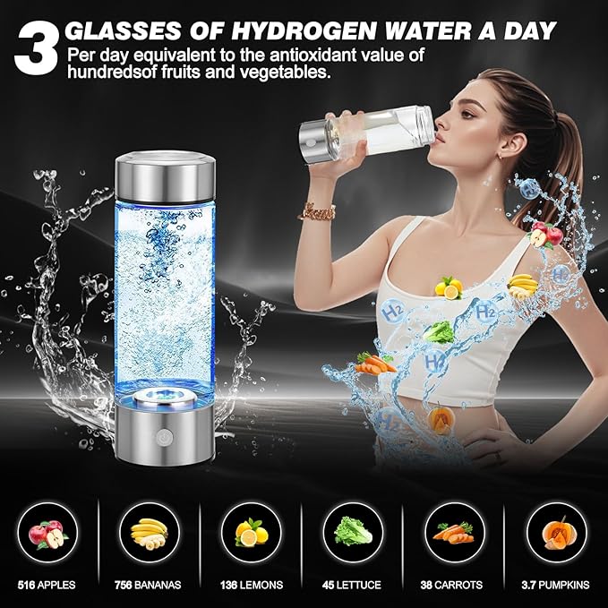Hydrogen Water Bottle, Hydrogen-Rich Water Generator Bottles -Upgraded SPE/PEM Technology, Portable Rechargeable Hydrogenated Water Glass Bottle (Suitable for Purified & Distilled Water)