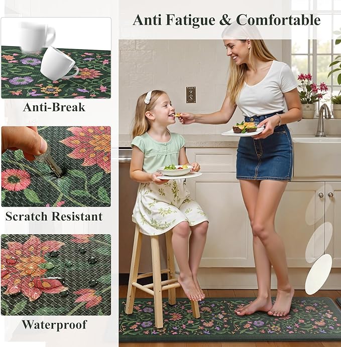 Collive Kitchen Mats Cushioned Anti Fatigue, Waterproof Kitchen Floor Mat Non Slip Desk Rugs Comfort Standing Rug for Sink, Office, Laundry, Home Decor, 17.3"x29"+17.3"x59", Green