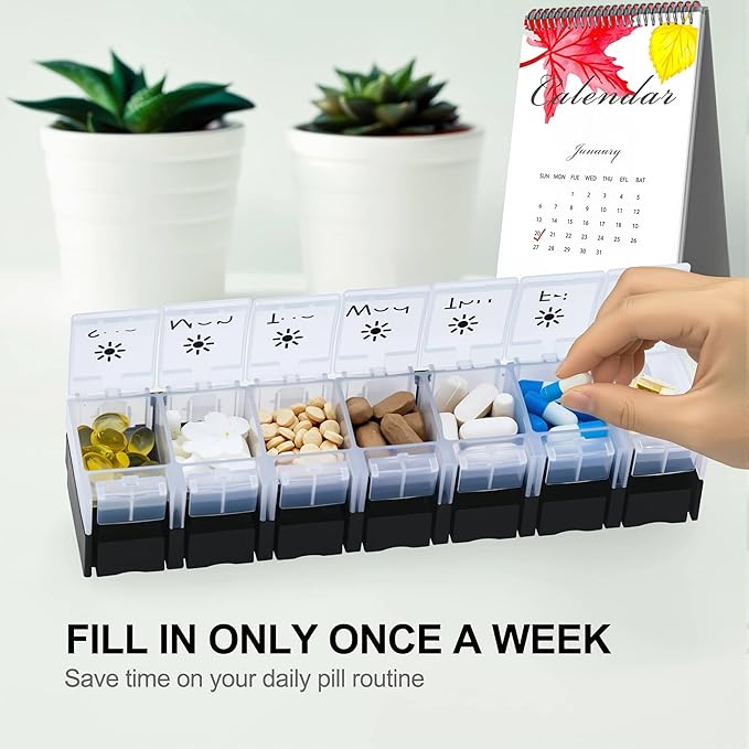XL Large AM/PM Weekly Pill Organizer Arthritis Friendly, 2 Times a Day Pill Box with Spring Open Design, 7 Day Vitamin Case with Push Button Compartments (Black & Clear)