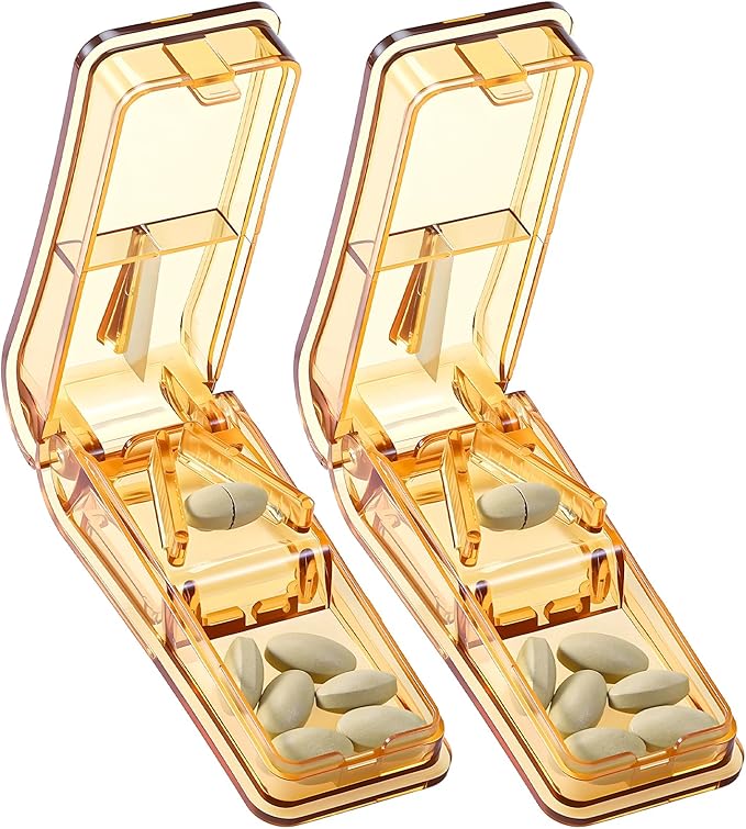 Daviky 2-Pack Pill Cutter for Small or Large Pills – Professional Pill Splitter with Sharp Stainless Steel Blade, V-Shape Holder & Doubles as a Pill Organizer – Not Suitable for Tiny Pills - Brown