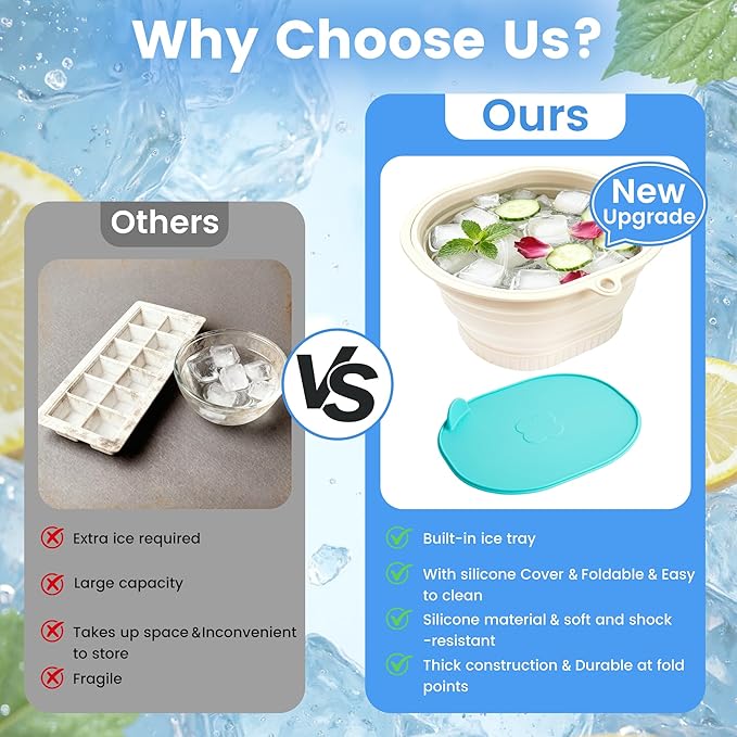 Upgrade Face Bowl for Ice with Built-In Ice Tray Collapsible Silicone Ice Bath Basin with Cover Portable Home Spa Tools for Home or Travel