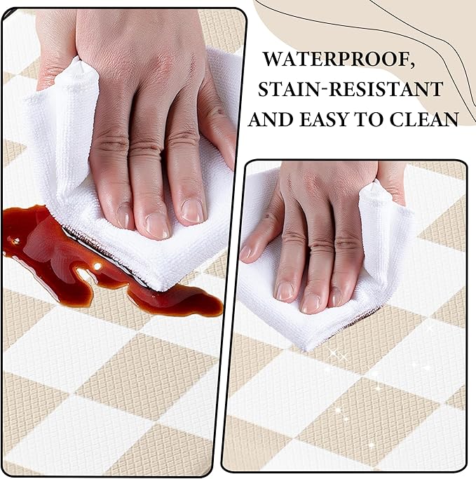 Cream Checkered Grid Checkerboard Kitchen Rug Sets [2 PCs], Anti-Fatigue, Waterproof Non-Slip Kitchen Mats Heavy Duty Ergonomic Comfort Foam Rug for Floor, Home, Laundry,17"x29"+17"x47"