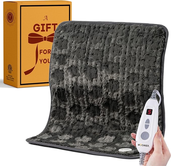 Woomer Faux Fur Electric Heating Pad for Back Pain Relief, Extra Large 20” x 24”, Extended Coverage from Neck to Hip, Two-Sided, Moist Mode, ETL Certified, 6 Adjustable Heats & 2H Auto-Off,Grey