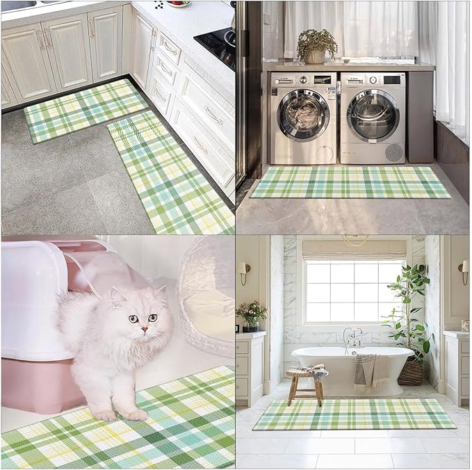 Arttown Green Anti-Fatigue Kitchen Rug Set of 2 Beige Plaid Cushioned Floor Standing Mat Waterproof Non-Slip Mat and PVC Ergonomic Comfort Foam Rug