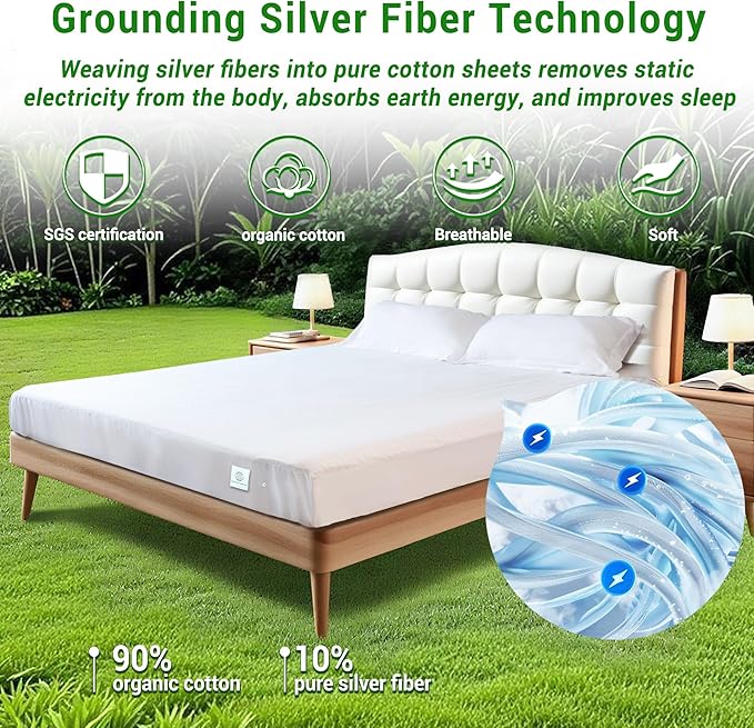 Grounding Sheets King, 90% Organic Cotton + 10% Silver Fiber, Grounding Sheets Can Improve Sleep and Sub-Health, Grounding Well Bed Sheets with 15 ft Gounding Wire(White,76"x80"x13")
