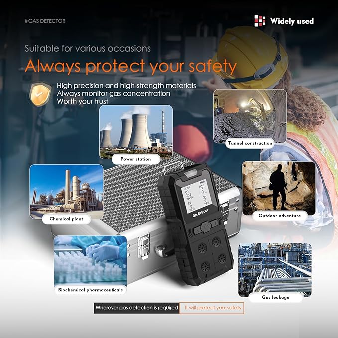 Portable 4 Gas Monitor Multi Gas Detector，Portable Gas Detector Rechargeable 4 Gas Monitor Ex H2s Co O2 with LCD Display Sound Light Shock confined Space air Monitor (Black)