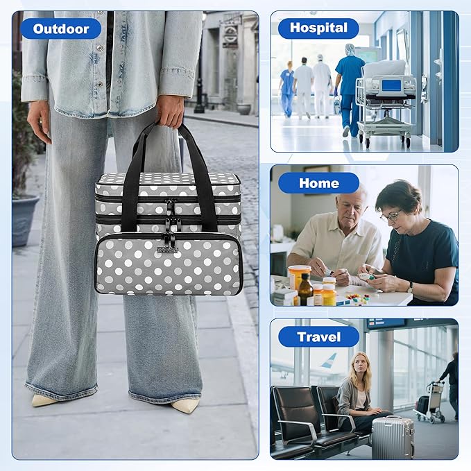 BAFASO Double Layer Medicine Bag with 2 Detachable Pouches, Pill Bottle Organizer for Travel and Daily Use (Bag ONLY), Polka Dots