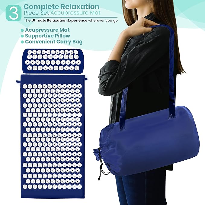 Sivan Health and Fitness Acupressure Mat and Pillow Set - Grounding Mat for Stress, Back & Neck Pain - Acupuncture Point Massage Mat for Muscle Relaxation, Sciatica, & Meditation - Includes Carry Bag