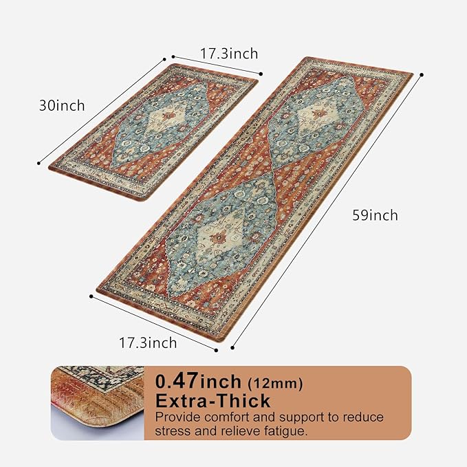 Collive Boho Kitchen Mat 2PCS, Cushioned Anti Fatigue Kitchen Mats for Floor Waterproof Kitchens Rugs Set of 2, Non Slip Comfort Standing Mat for Office, Sink, Laundry, 17.3"x29"+17.3"x59"