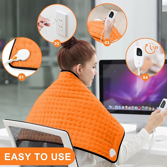 Deepsoon Heating Pad,Electric Heating Pads for Back,Neck,Abdomen,Moist Heating Pad for Shoulder,Knee,Arms,Legs,Dry/Moist Heat & Auto Shut Off,Christmas Gifts for Men and Women,Orange Black,33x17 Inch